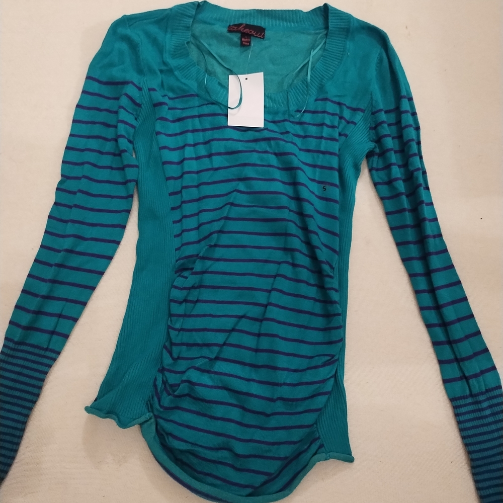 Takeout Teal and Navy Striped Long-Sleeve Top